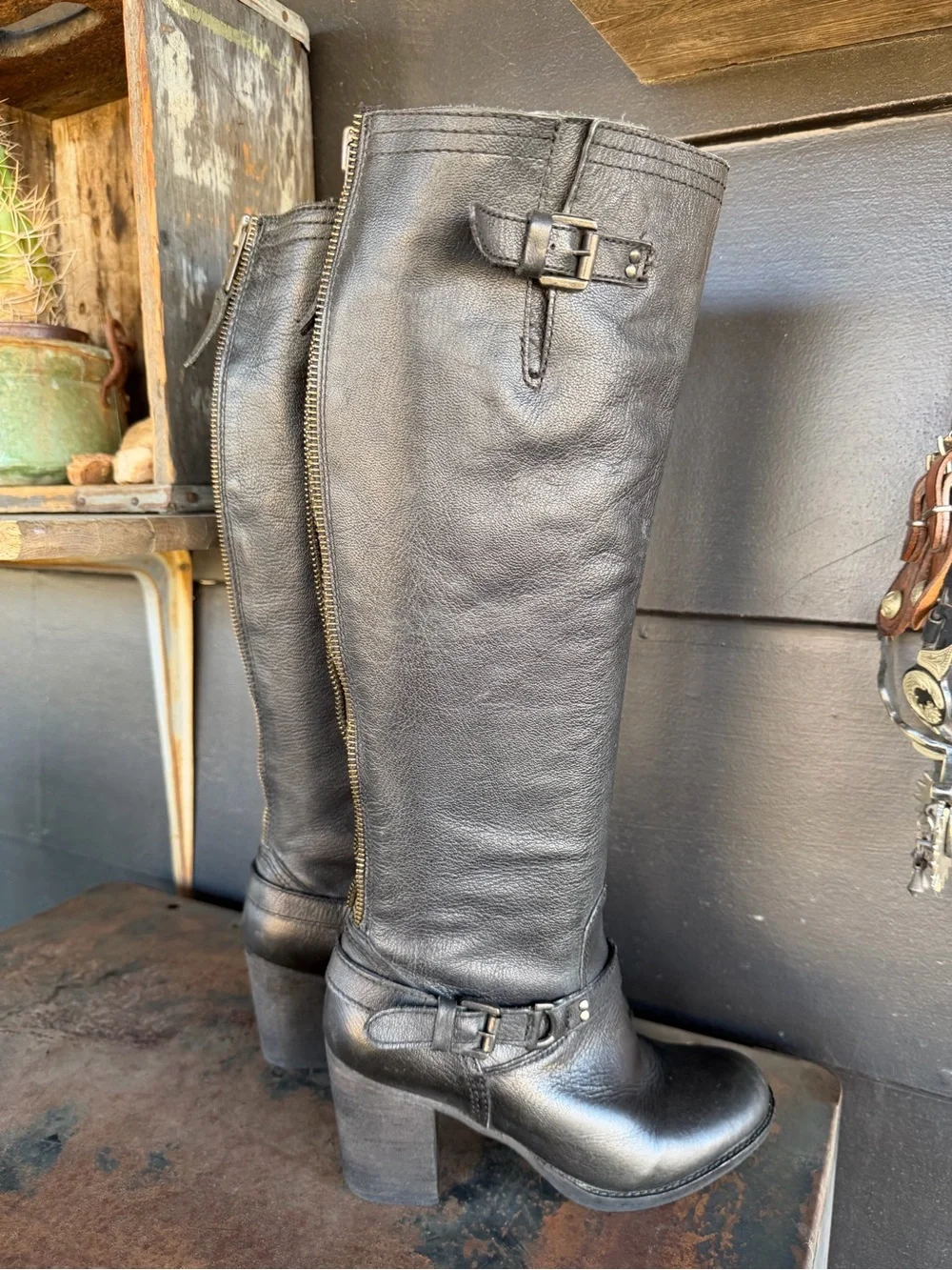 Steve Madden Black Leather Randommm Tall Moto Boots 7.5M